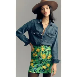 NWT Anthropologie Maeve Green Blue Yellow Floral Print Fitted Mini Skirt Size XS