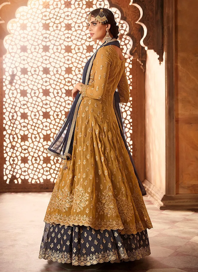 Ochre Yellow And Grey Embroidered Flared Anarkali Lehenga Suit