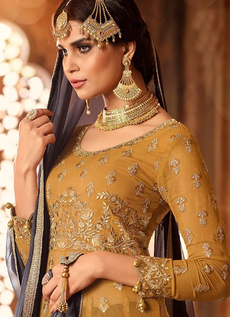 Ochre Yellow And Grey Embroidered Flared Anarkali Lehenga Suit