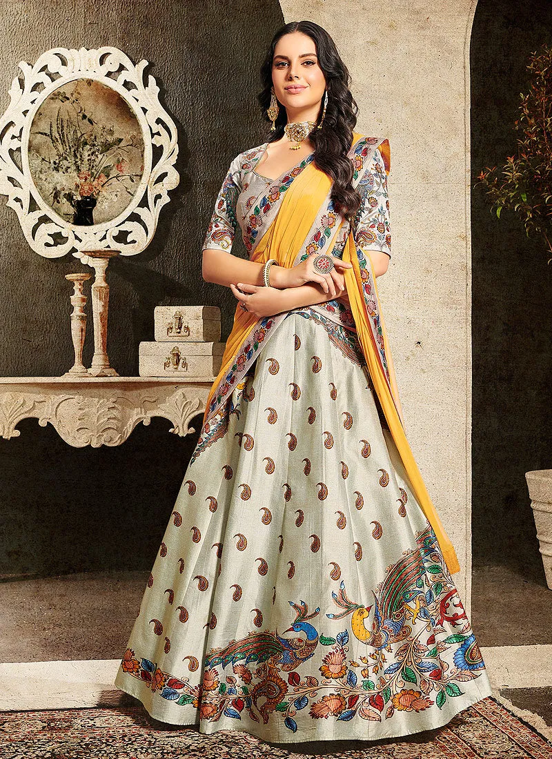 Off White And Yellow Embroidered Wedding Lehenga/ Gown
