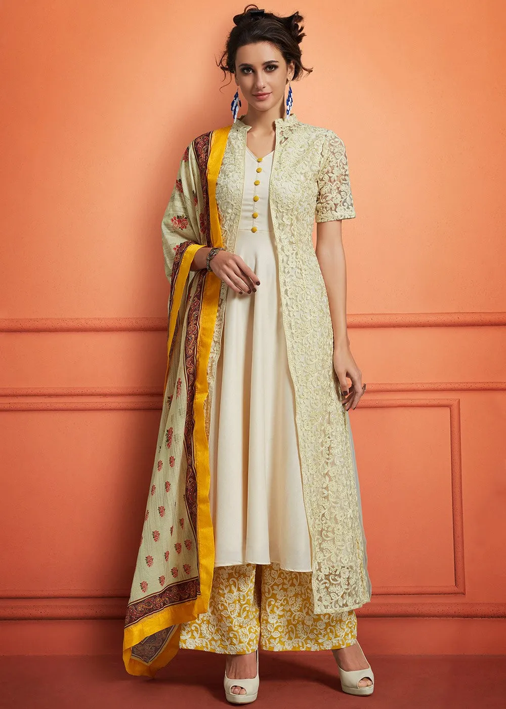 Off White And Yellow Floral Embroidered Palazzo Suit