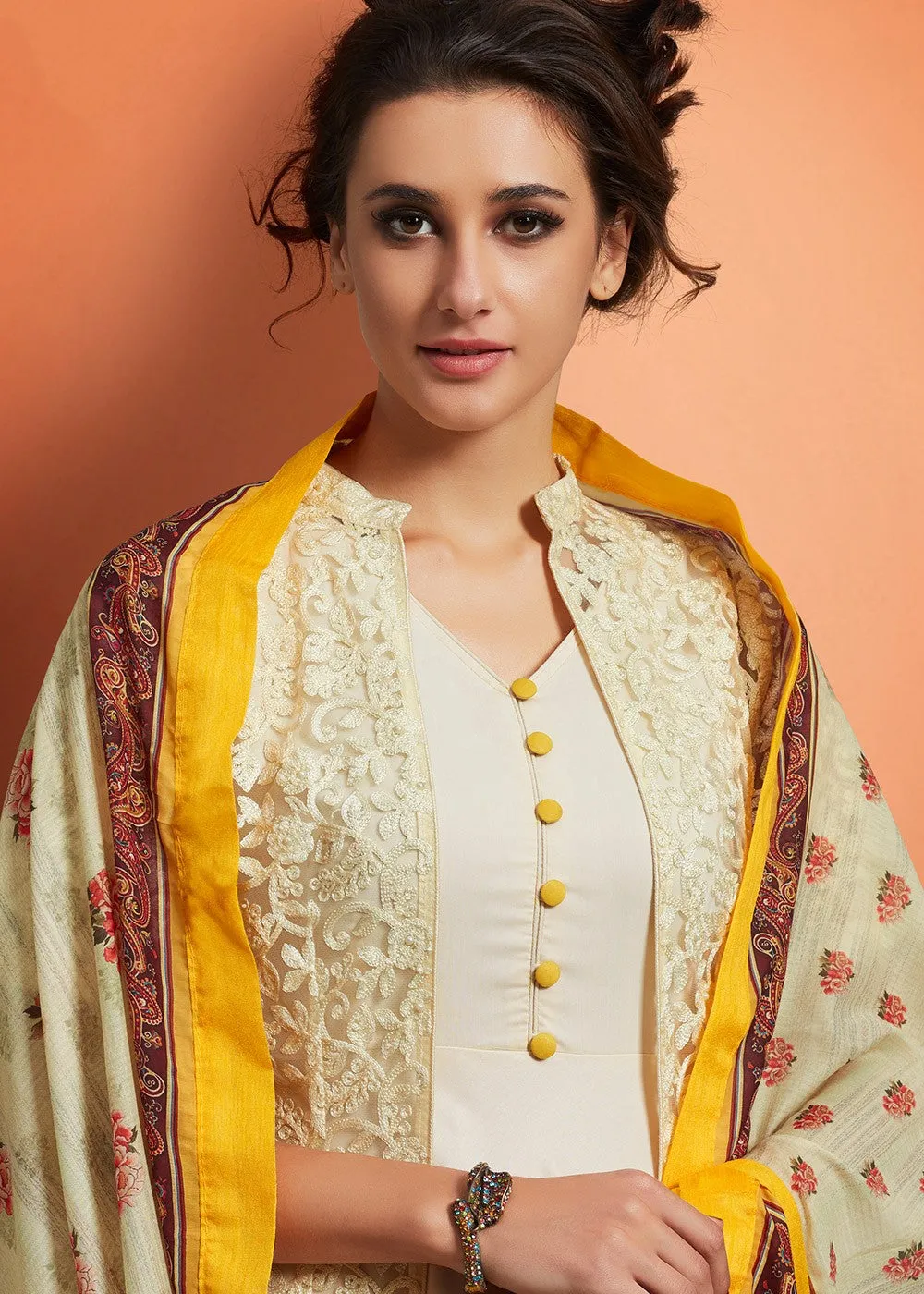 Off White And Yellow Floral Embroidered Palazzo Suit