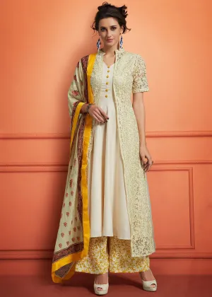 Off White And Yellow Floral Embroidered Palazzo Suit