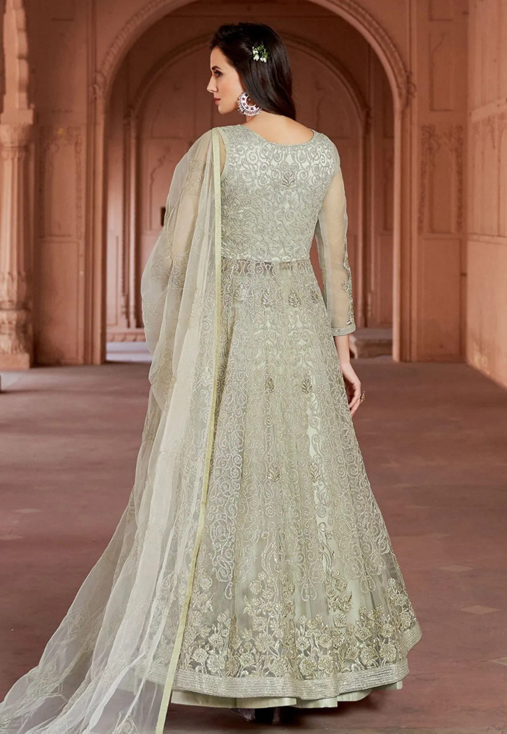 Off White Embroidered Net Anarkali Lehenga Kurti Set