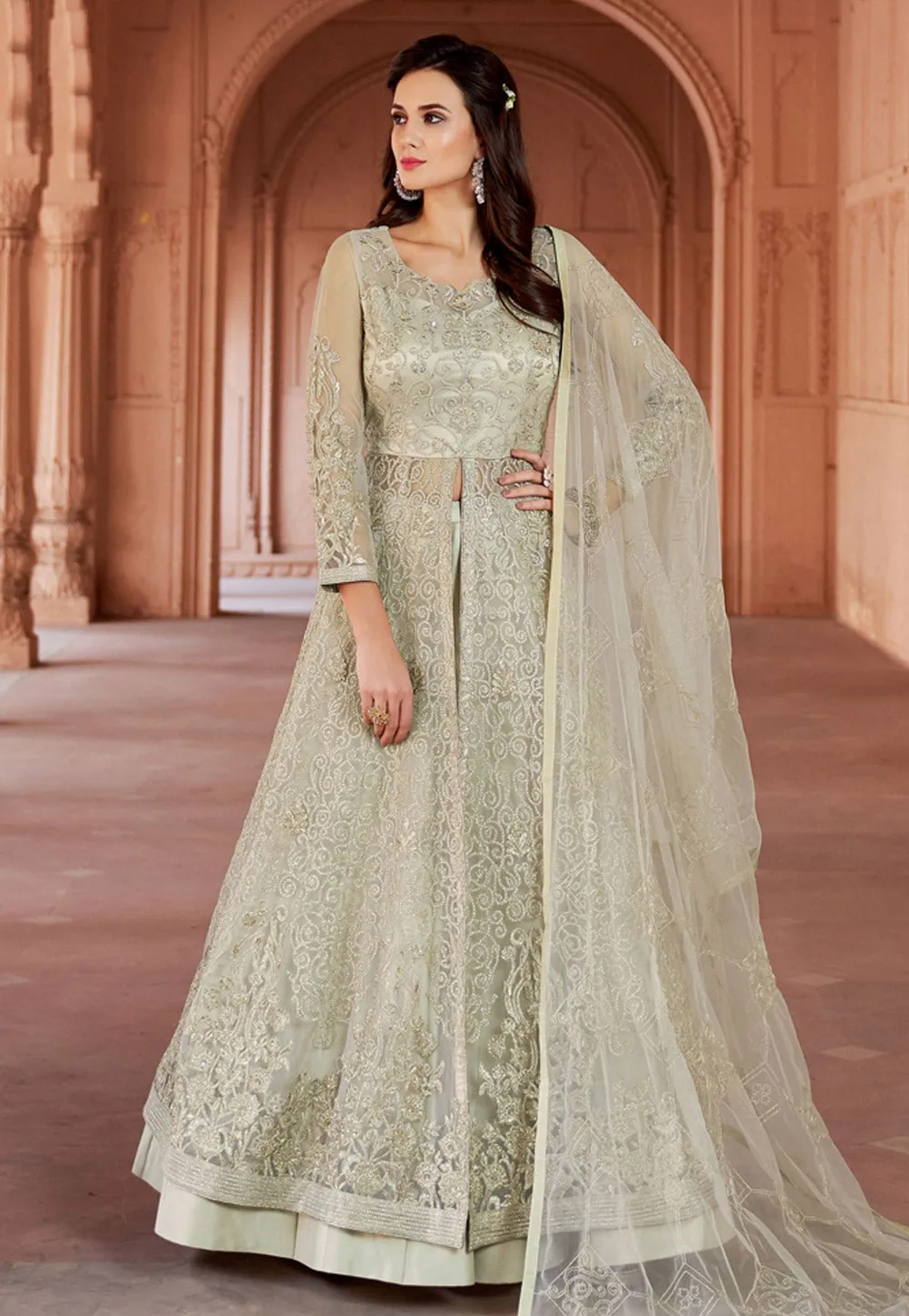 Off White Embroidered Net Anarkali Lehenga Kurti Set