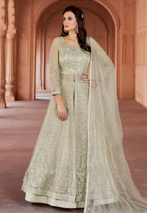 Off White Embroidered Net Anarkali Lehenga Kurti Set