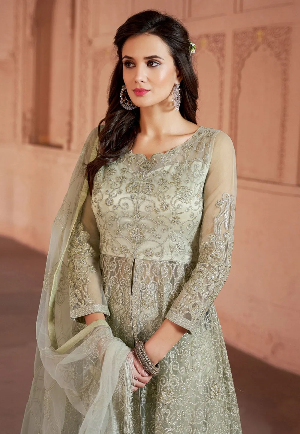 Off White Embroidered Net Anarkali Lehenga Kurti Set