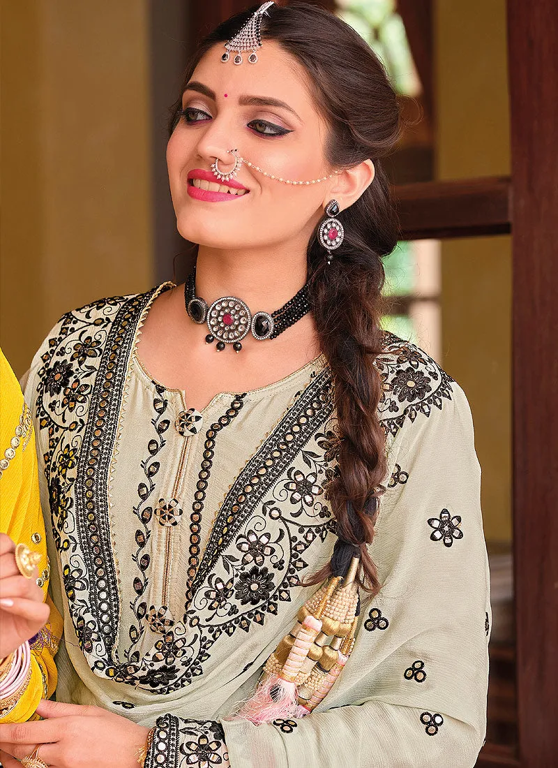 Off White Golden Embroidered Sharara Suit