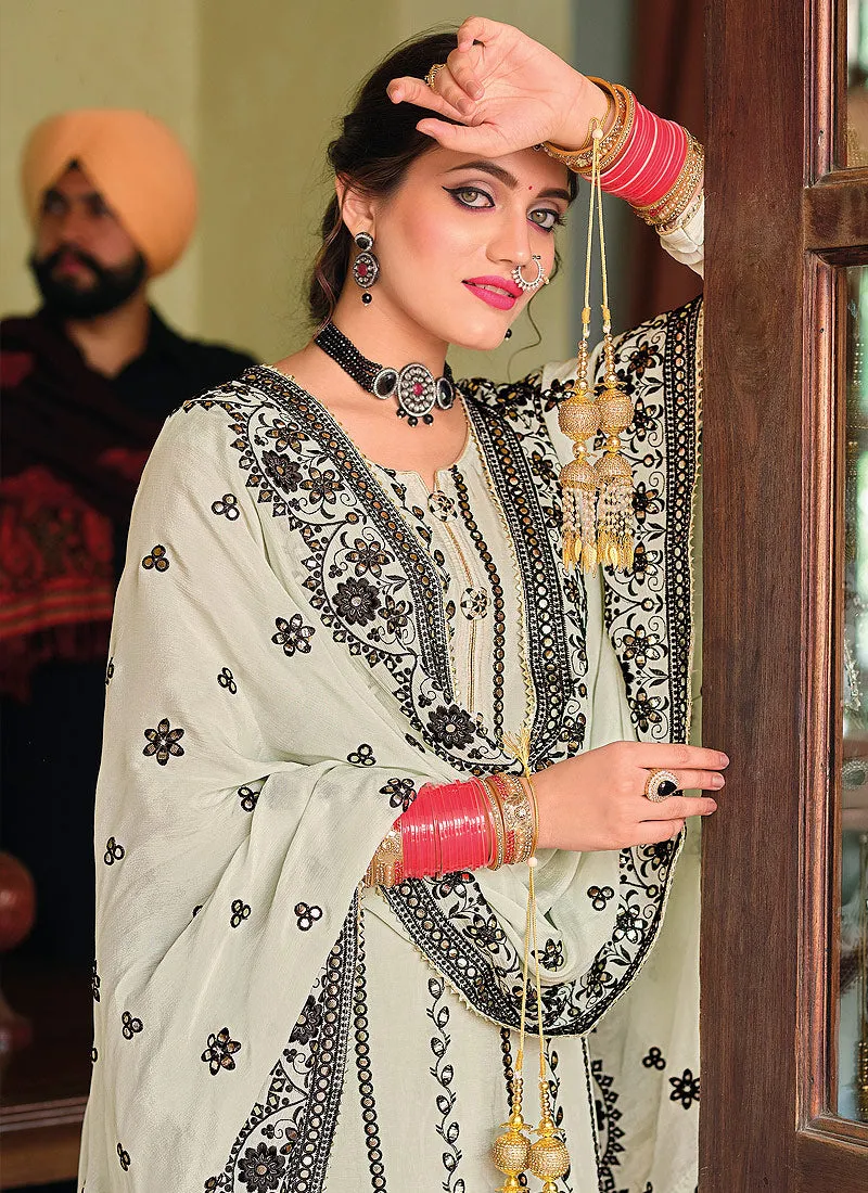 Off White Golden Embroidered Sharara Suit