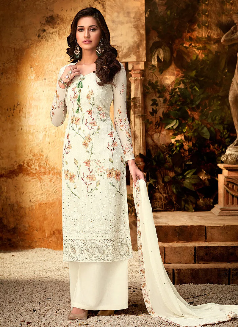 Off White Multi Embroidered And Printed Designer Palazzo Suit