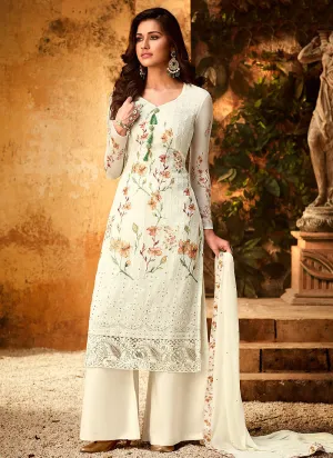 Off White Multi Embroidered And Printed Designer Palazzo Suit