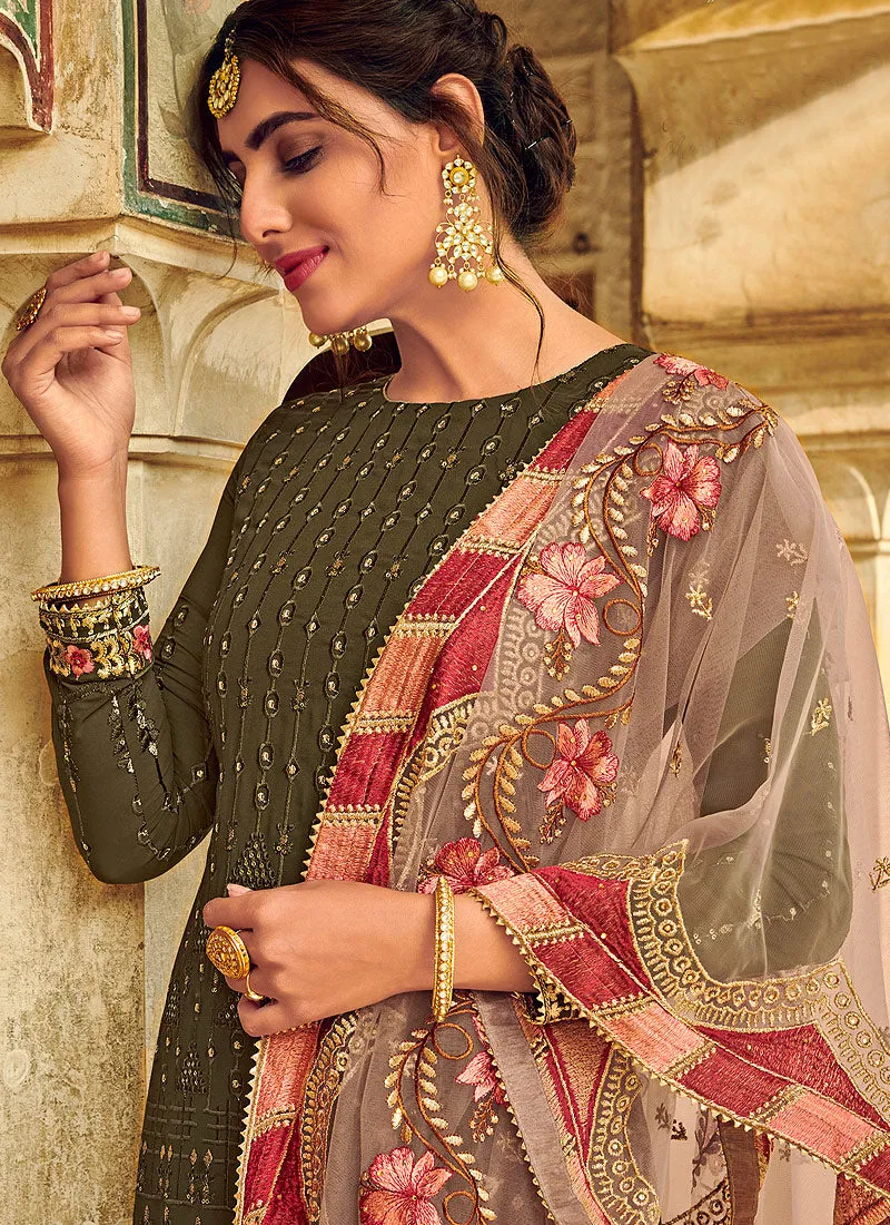 Olive Green Embroidered Palazzo Suit