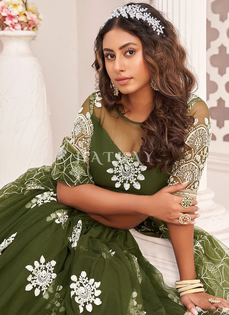 Olive Green Traditional Embroidered Wedding Lehenga Choli