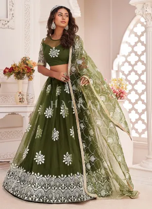 Olive Green Traditional Embroidered Wedding Lehenga Choli