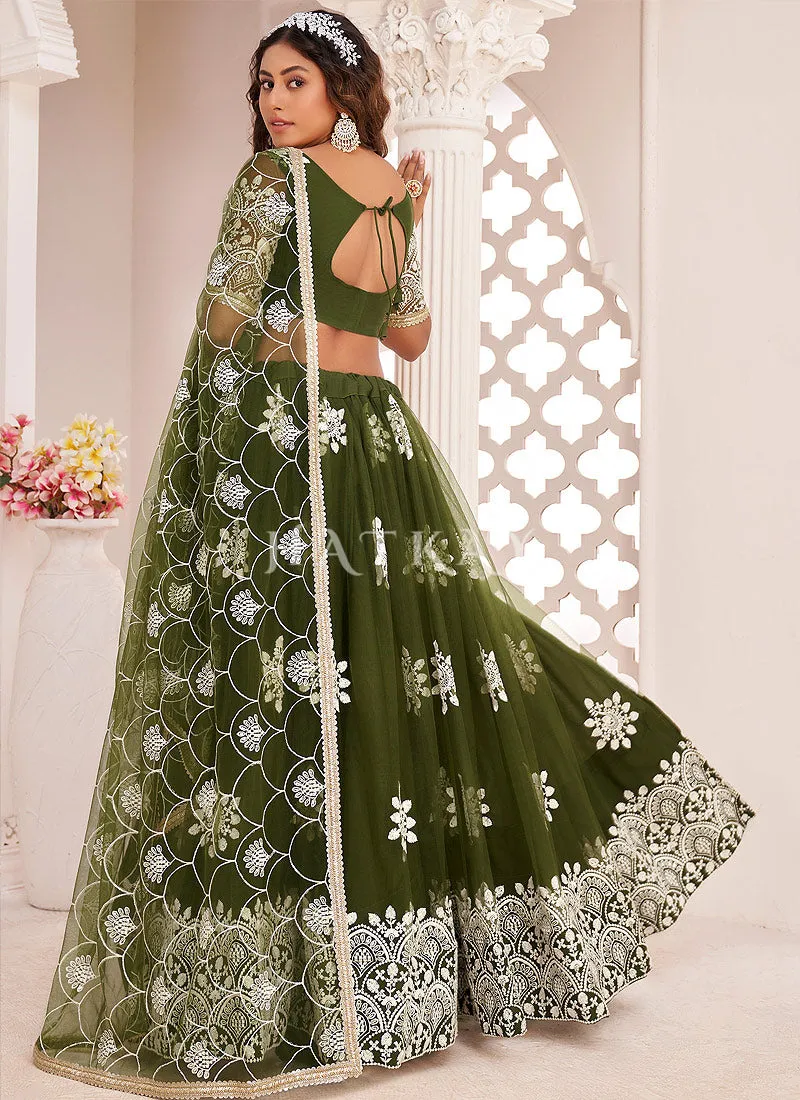 Olive Green Traditional Embroidered Wedding Lehenga Choli