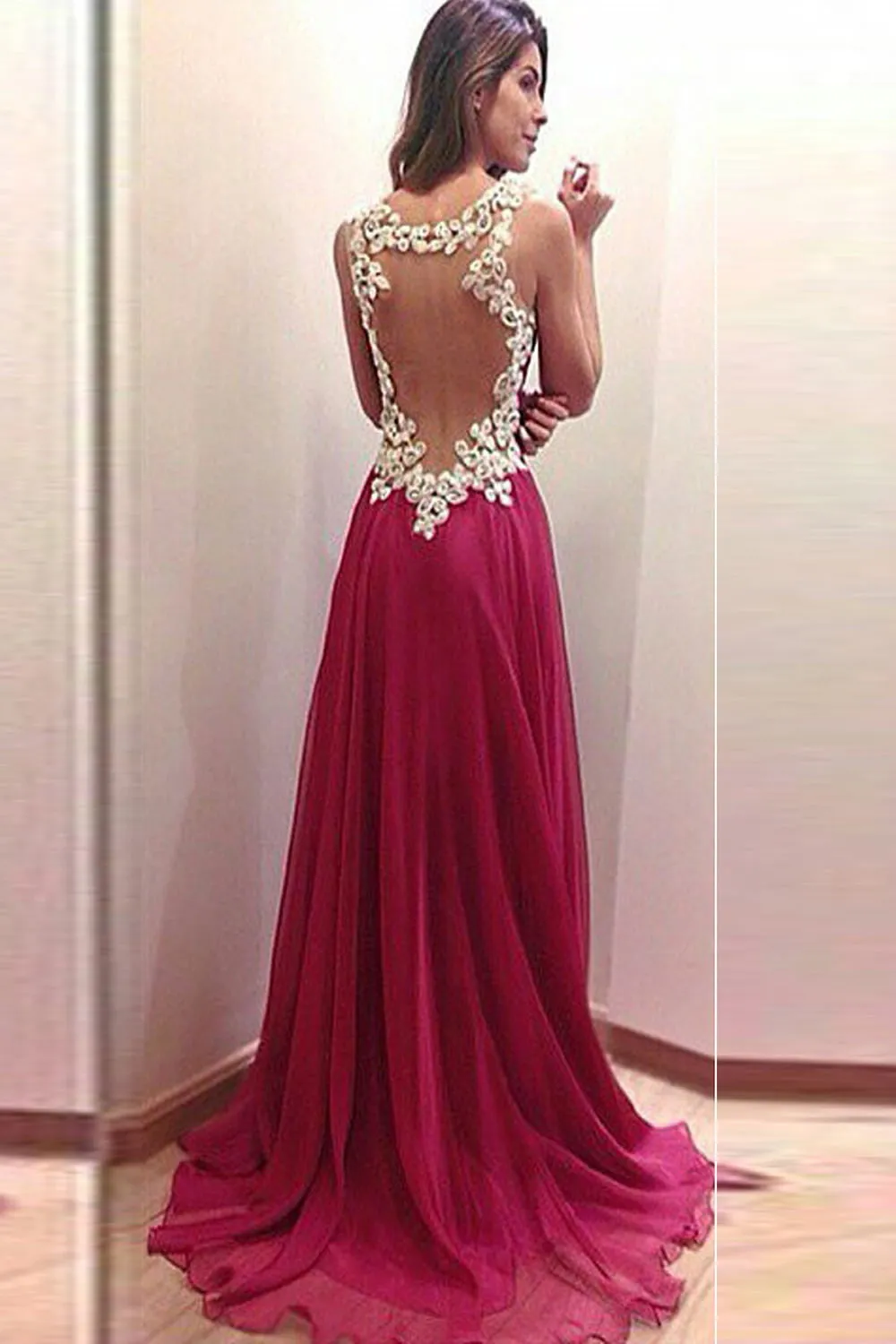 Open Back Chiffon Lace Long Simple Cheap Prom Dress K52