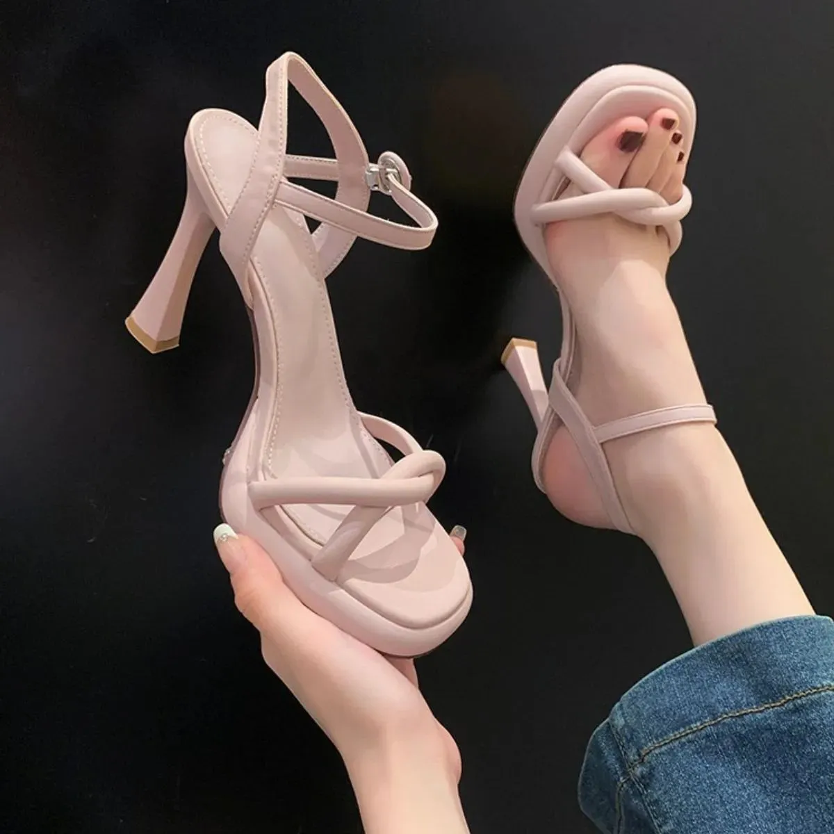 Open Toe Flare Heels Sandals