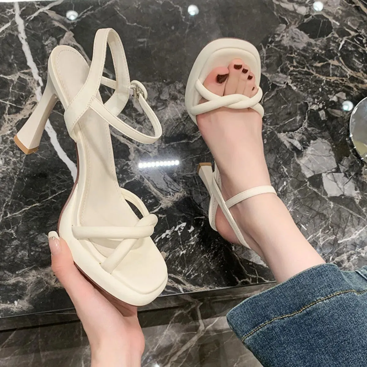 Open Toe Flare Heels Sandals