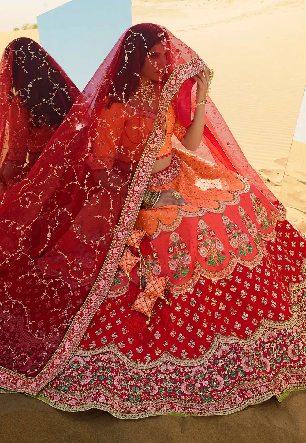 Orange And Red Embroidered Wedding Lehenga Choli