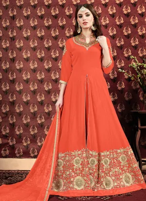 Orange Golden Embroidered Georgette Slit Style Anarkali Pant Suit