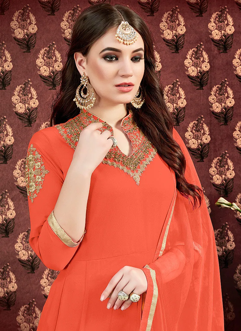 Orange Golden Embroidered Georgette Slit Style Anarkali Pant Suit