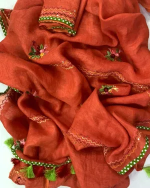 Orange Linen Embroidered Saree