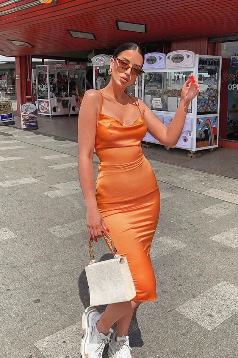 Orange Satin Cowl Neck Midi Bodycon Dress - Liliana