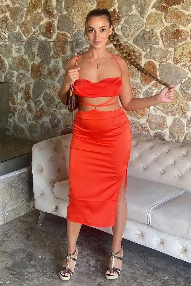 Orange Tie Wrap Around Satin Crop Top & Skirt Co-Ord - Aalaysia