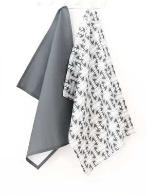 Orient Linen Cotton Tea Towel (18.5x25) – Set of 2 (Patterned Pale Grey & Solid Charcoal)