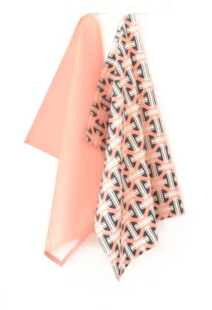 Orient Linen Cotton Tea Towel (18.5x25) – Set of 2 (Patterned Salmon & Solid Salmon)