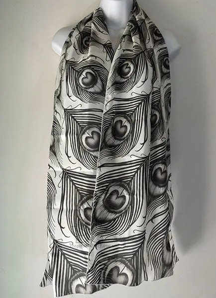Original Black & White Monotone Peacock Feather Fan Design Printed Scarf