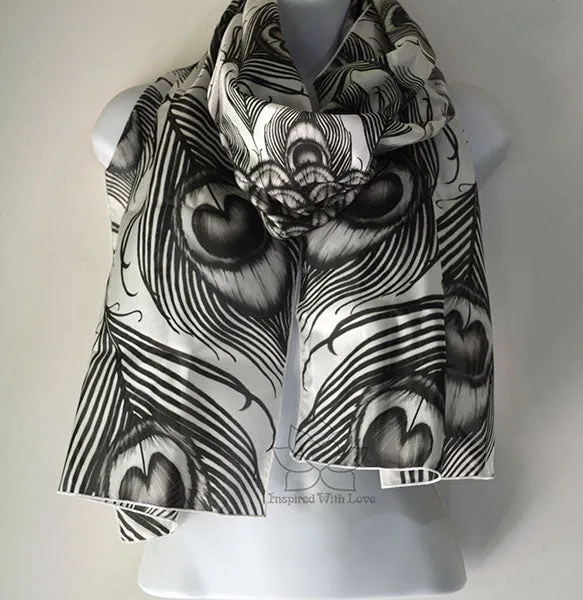 Original Black & White Monotone Peacock Feather Fan Design Printed Scarf