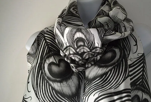 Original Black & White Monotone Peacock Feather Fan Design Printed Scarf