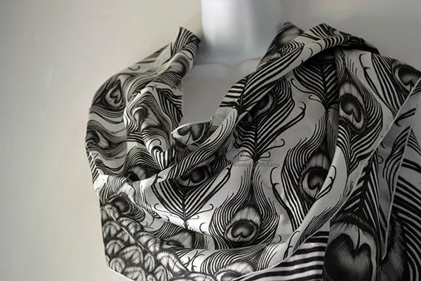 Original Black & White Monotone Peacock Feather Fan Design Printed Scarf