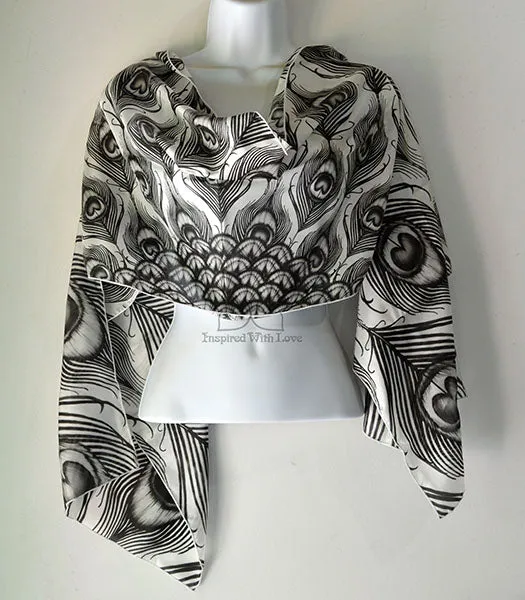Original Black & White Monotone Peacock Feather Fan Design Printed Scarf