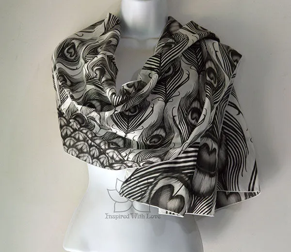 Original Black & White Monotone Peacock Feather Fan Design Printed Scarf