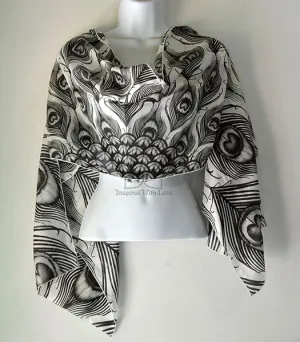 Original Black & White Monotone Peacock Feather Fan Design Printed Scarf