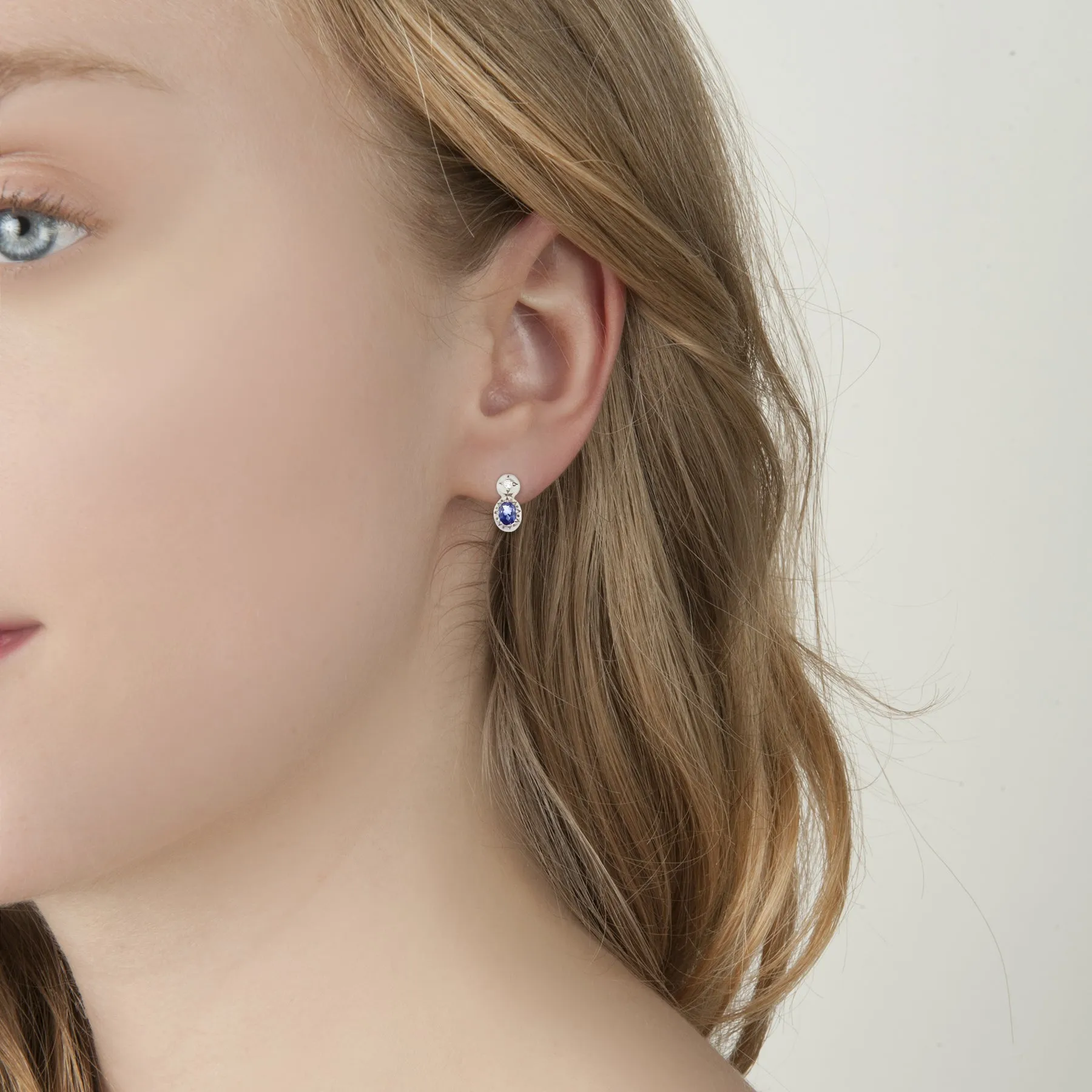 Oval Sapphire and Round Diamond Studs in Sterling Silver by Adel Chefridi