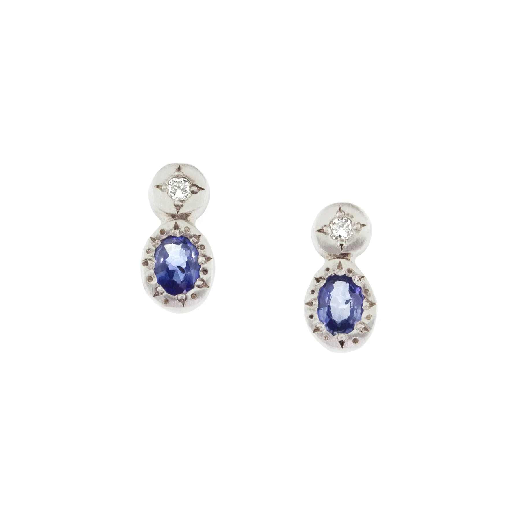 Oval Sapphire and Round Diamond Studs in Sterling Silver by Adel Chefridi