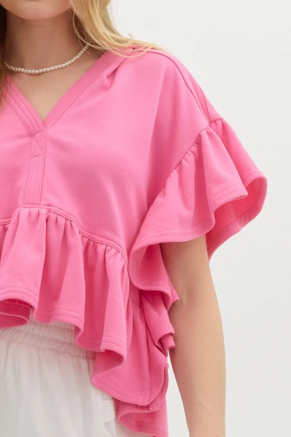 Oversized French Terry Flutter Short Sleeve Hooded Top