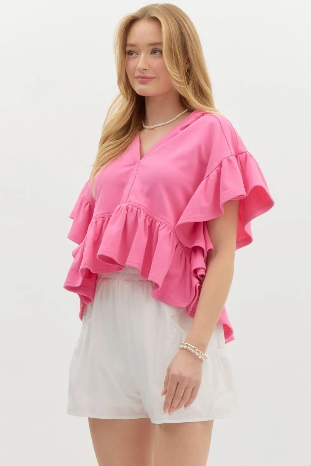 Oversized French Terry Flutter Short Sleeve Hooded Top