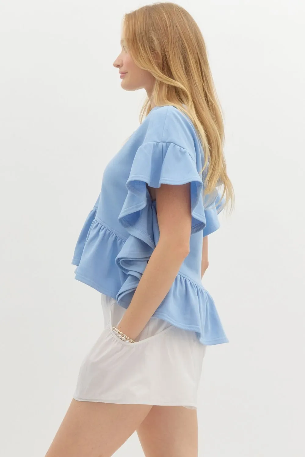 Oversized French Terry Flutter Short Sleeve Hooded Top