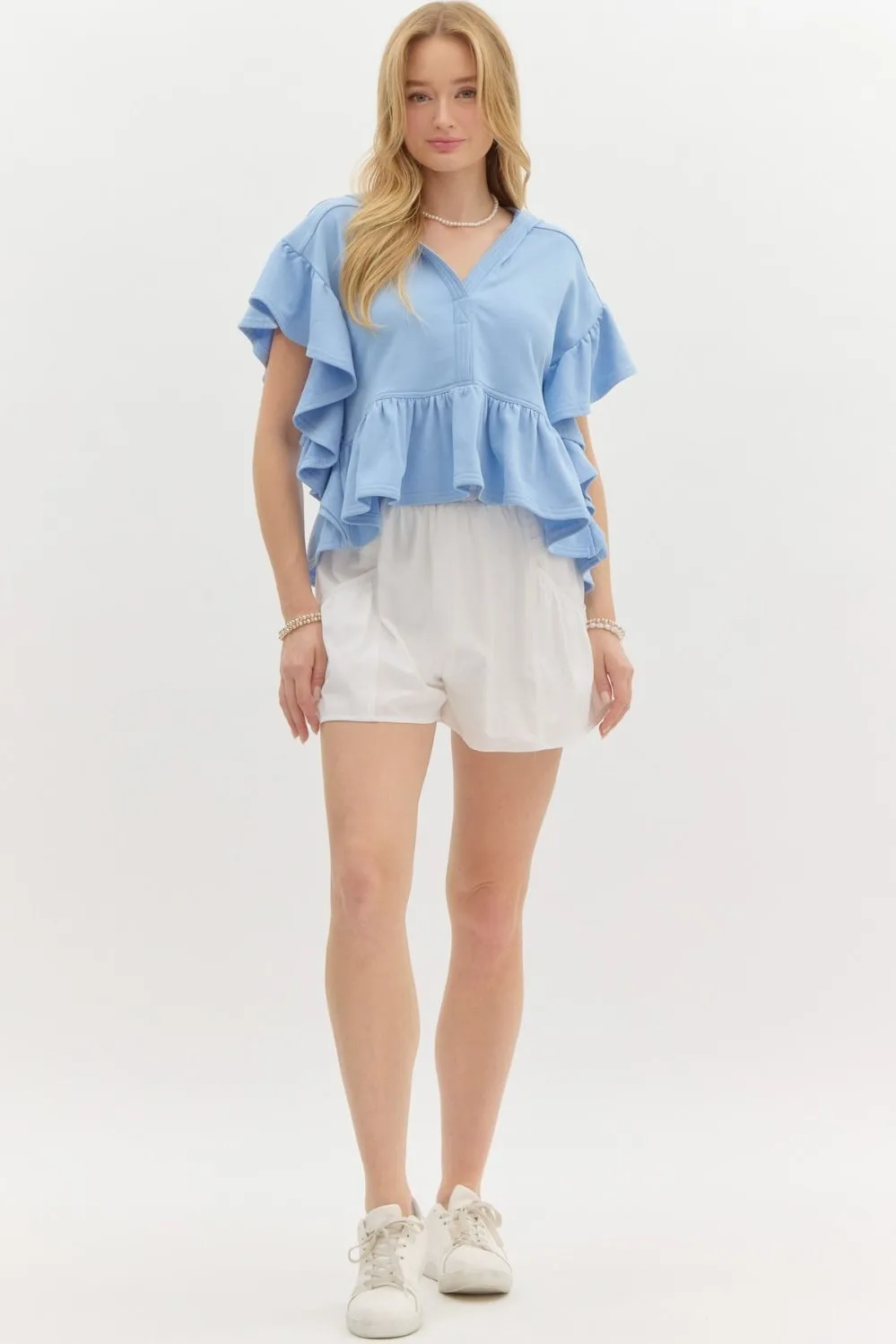 Oversized French Terry Flutter Short Sleeve Hooded Top