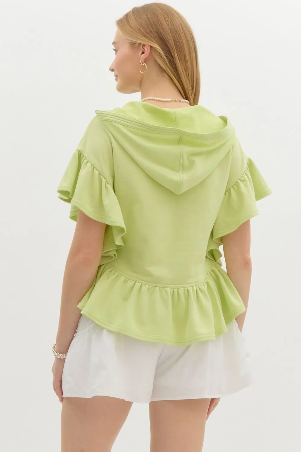 Oversized French Terry Flutter Short Sleeve Hooded Top