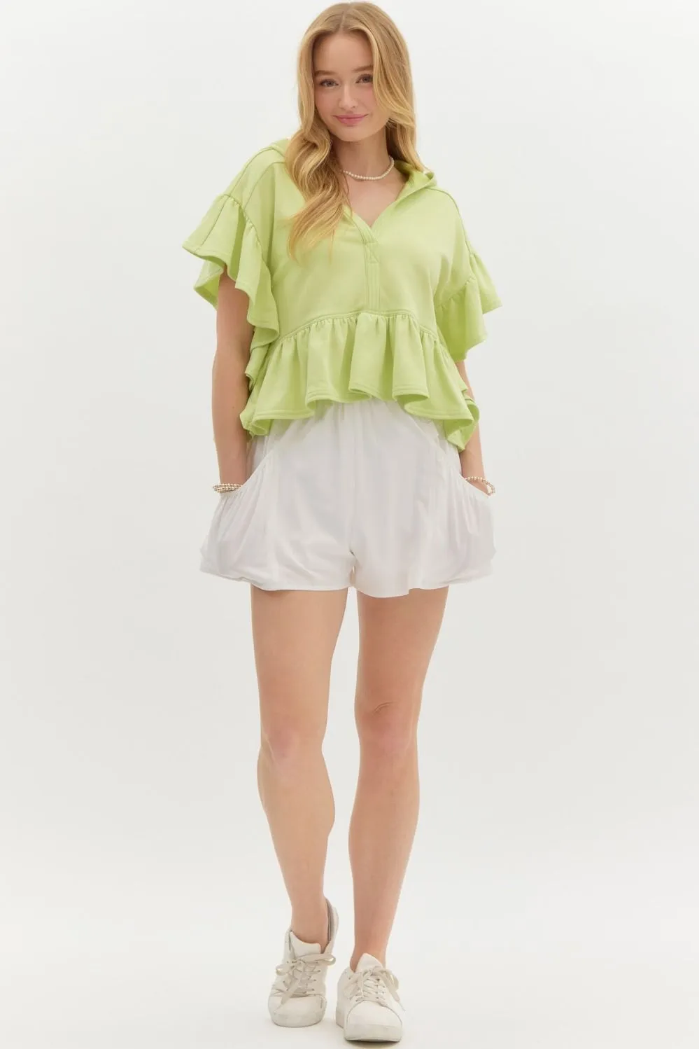 Oversized French Terry Flutter Short Sleeve Hooded Top