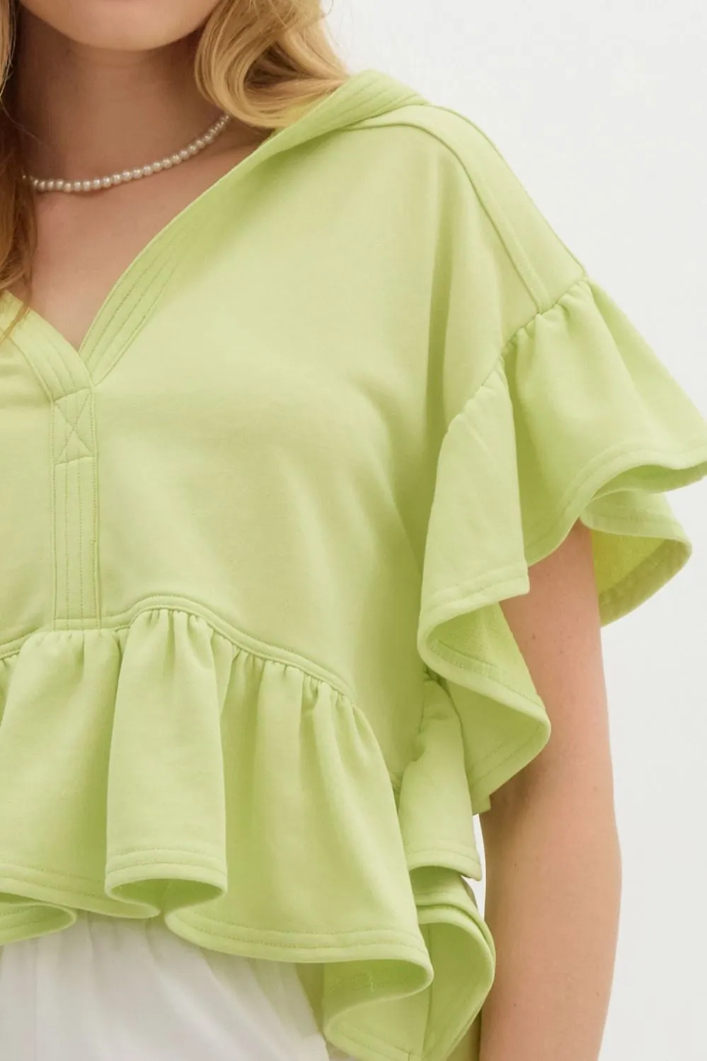 Oversized French Terry Flutter Short Sleeve Hooded Top
