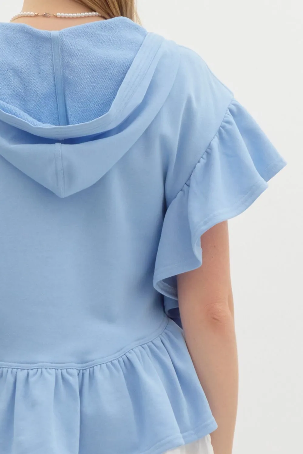Oversized French Terry Flutter Short Sleeve Hooded Top