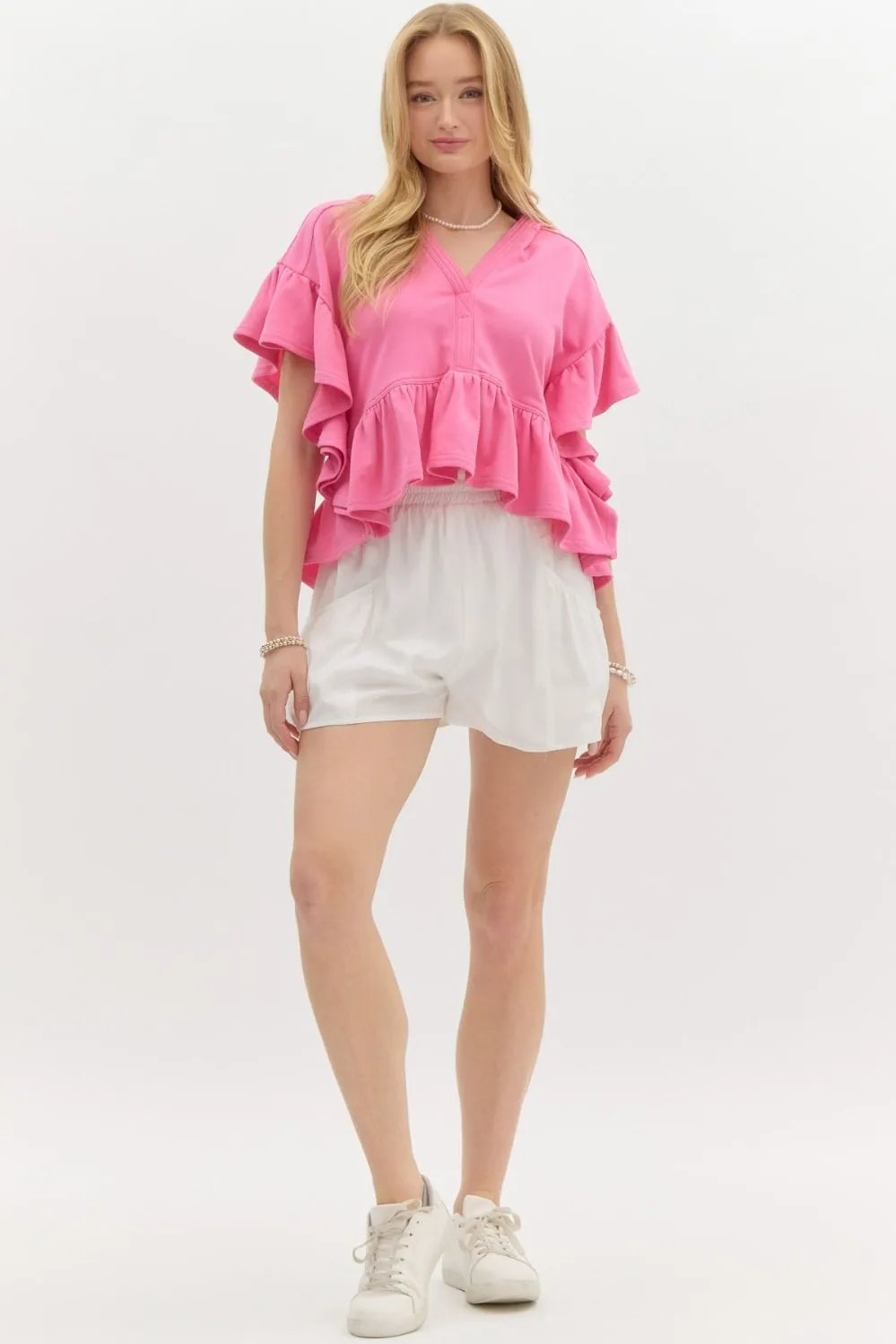 Oversized French Terry Flutter Short Sleeve Hooded Top