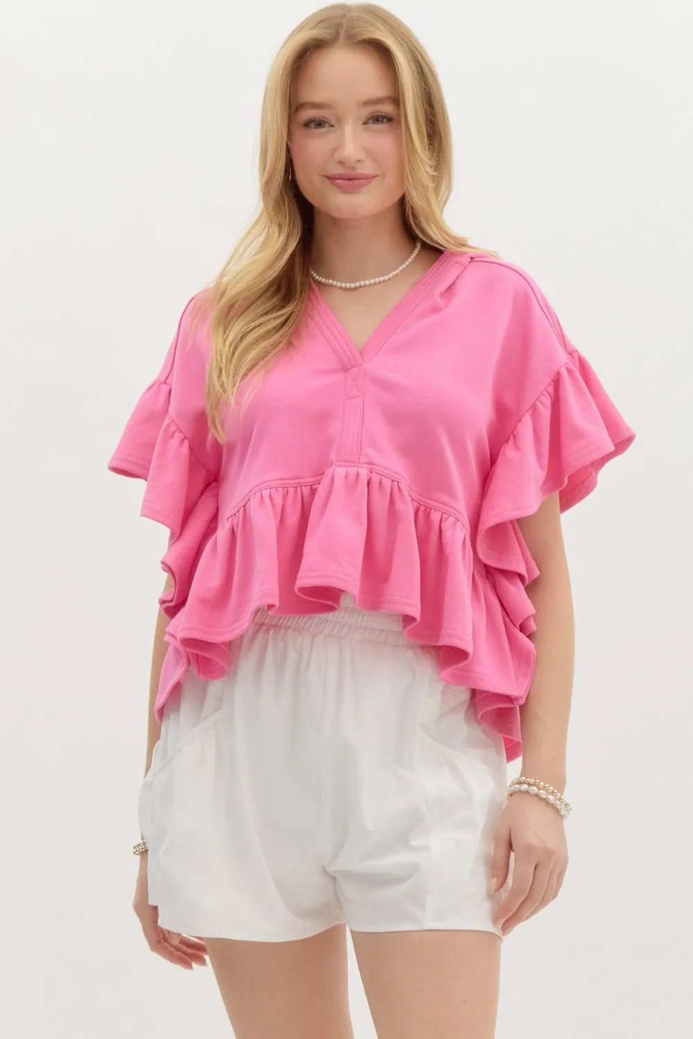 Oversized French Terry Flutter Short Sleeve Hooded Top
