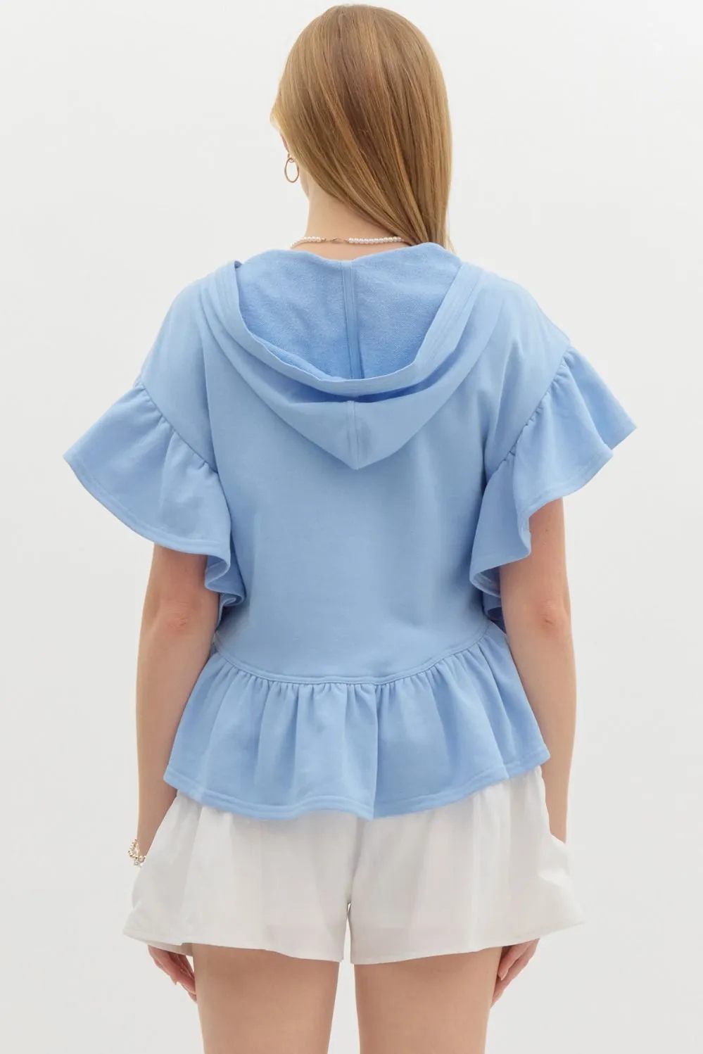 Oversized French Terry Flutter Short Sleeve Hooded Top
